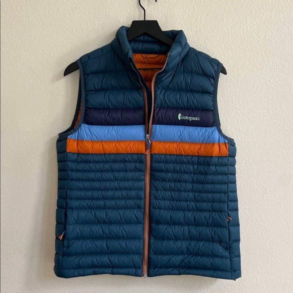 COTOPAXI Fuego Down Vest Blue Orange Indigo Stripes Women's Size Large